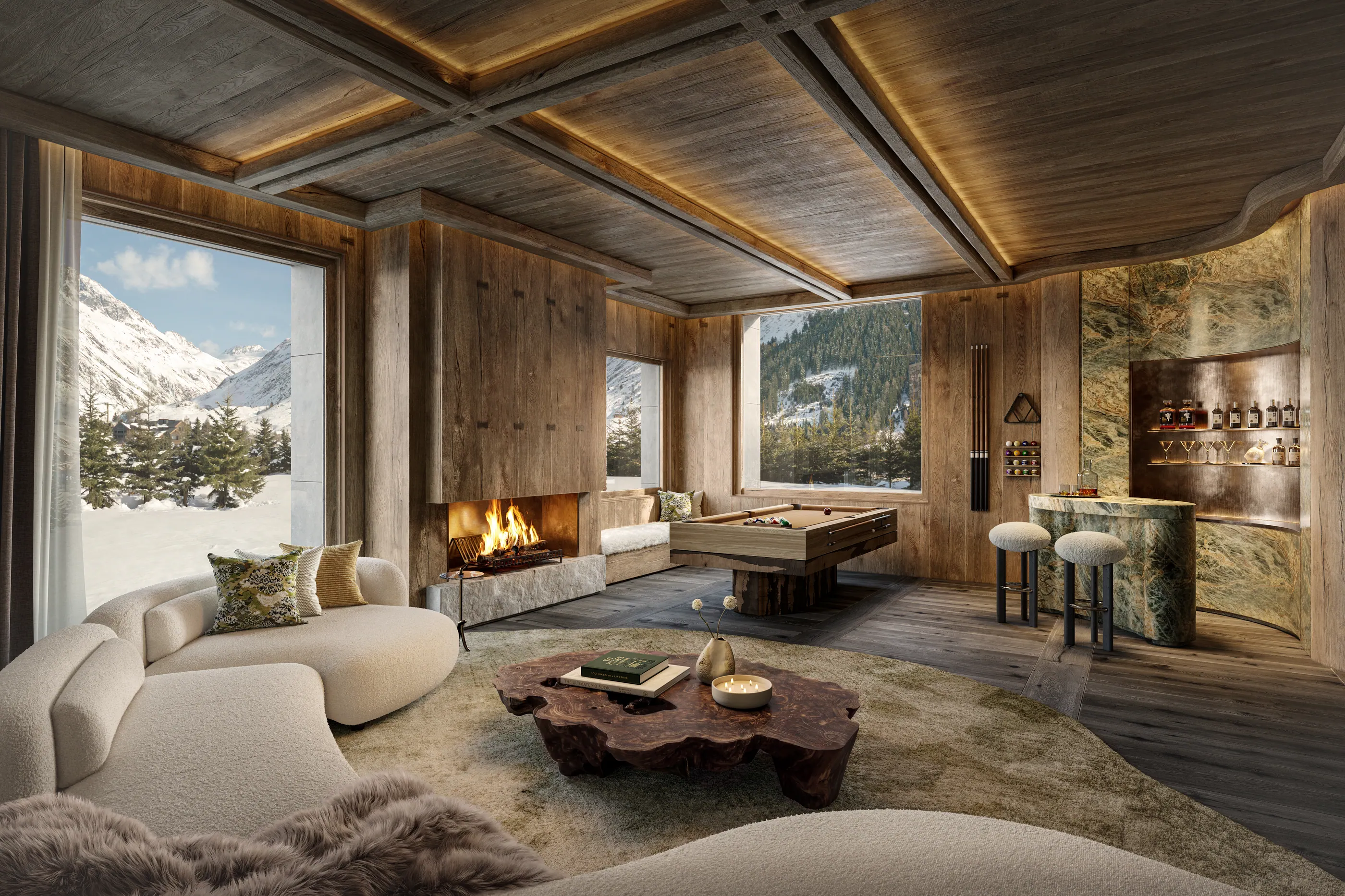 Entertainment room with lounge seating, fireplace and bar