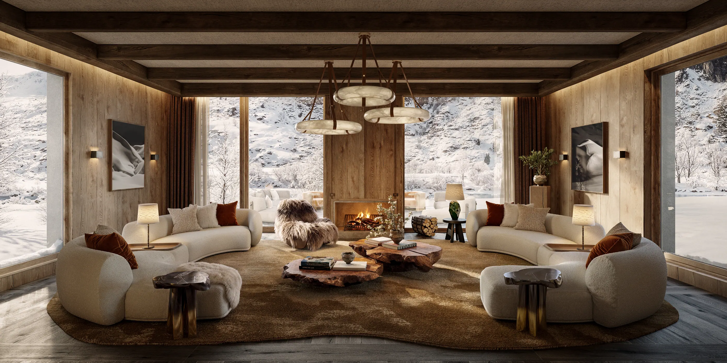 Living room with a fireplace and panoramic mountain views