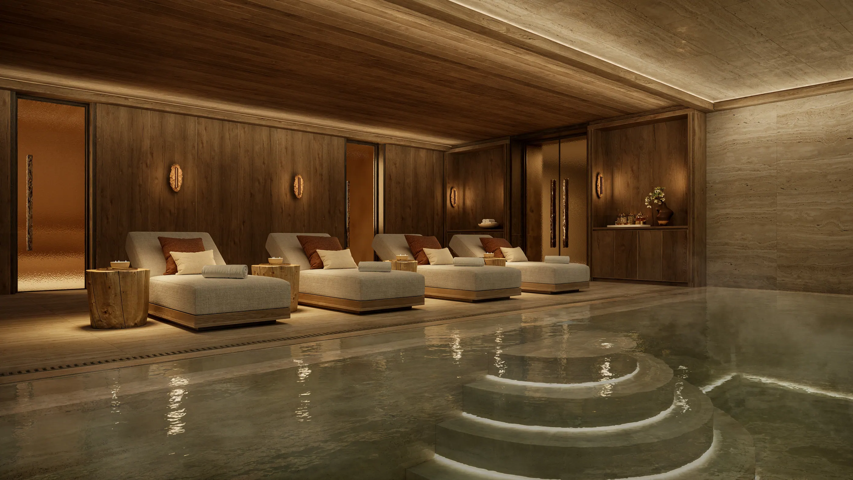 Indoor pool and spa with daybeds under a timber ceiling