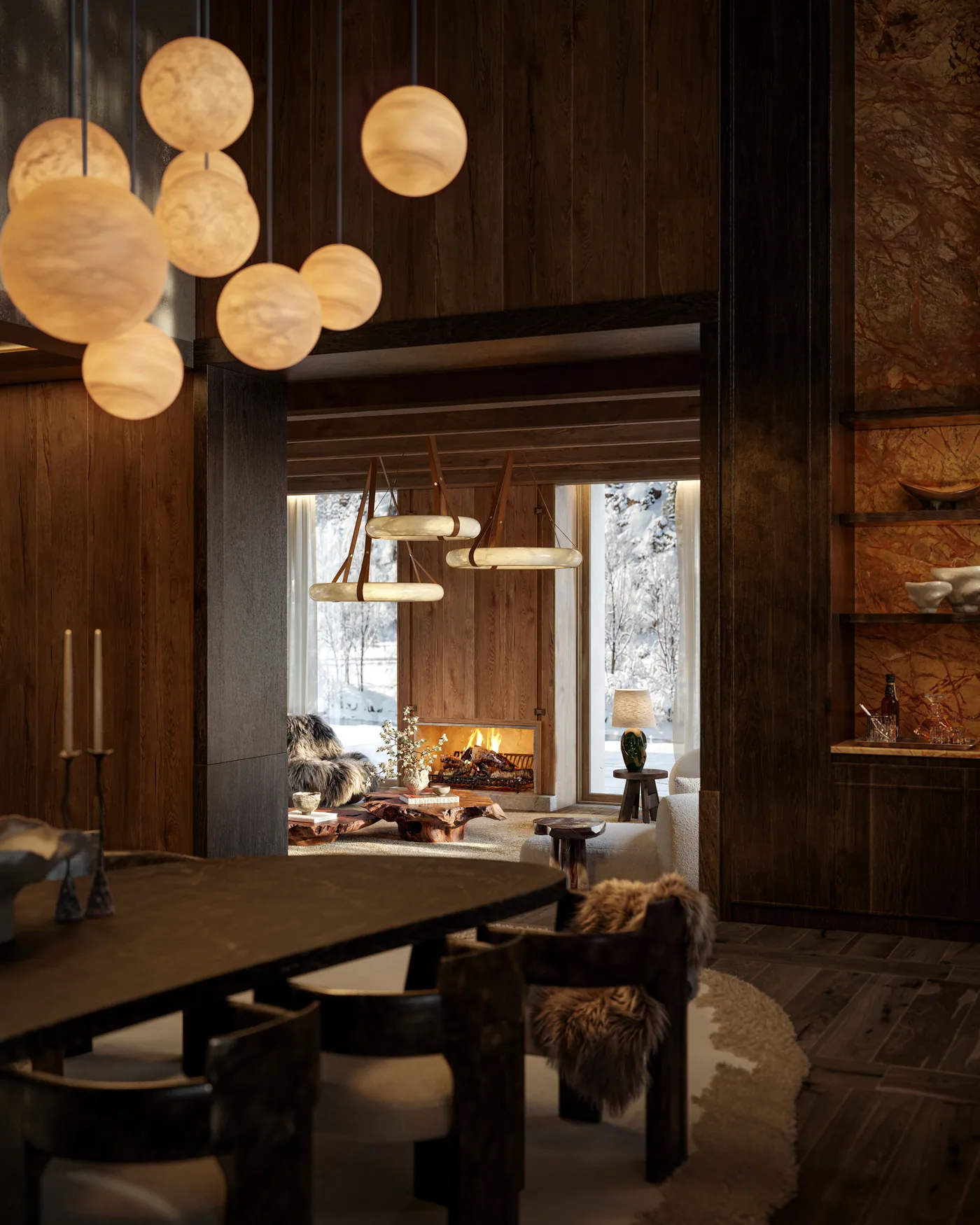 Dining room with alabaster pendant lights and a view through to the fireside lounge
