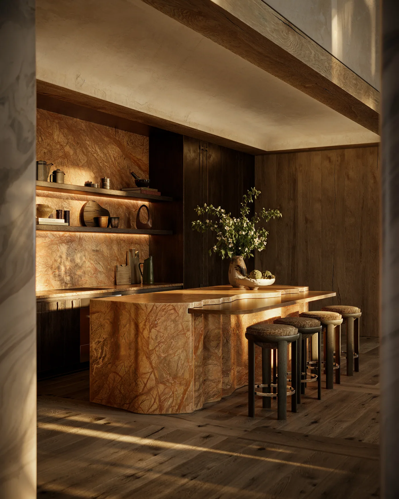 Kitchen with a sculpted marble island, open shelving and timber-clad walls
